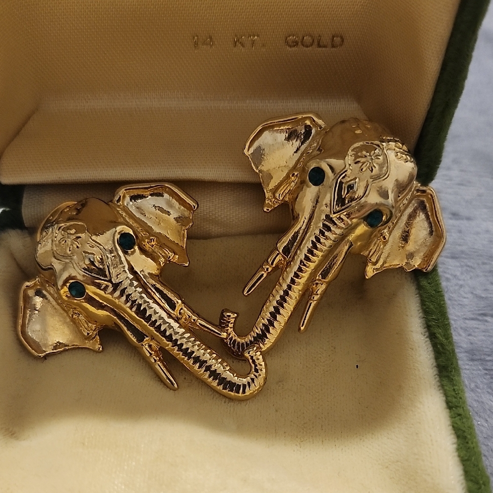 Gold Tone Elephant Head Clip Earrings - Gold with Green Eyes